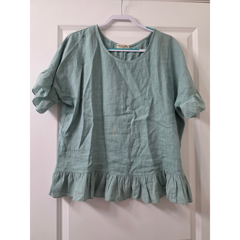 Terzo Millennio Sage Green Linen Ruffle Hem Top Made in Italy Size M
